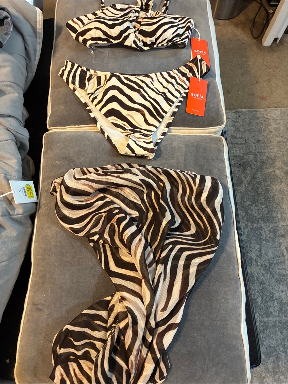 sofia by sofia vergara Black & Cream Zebra-Print Two-Piece Swim suit with saying